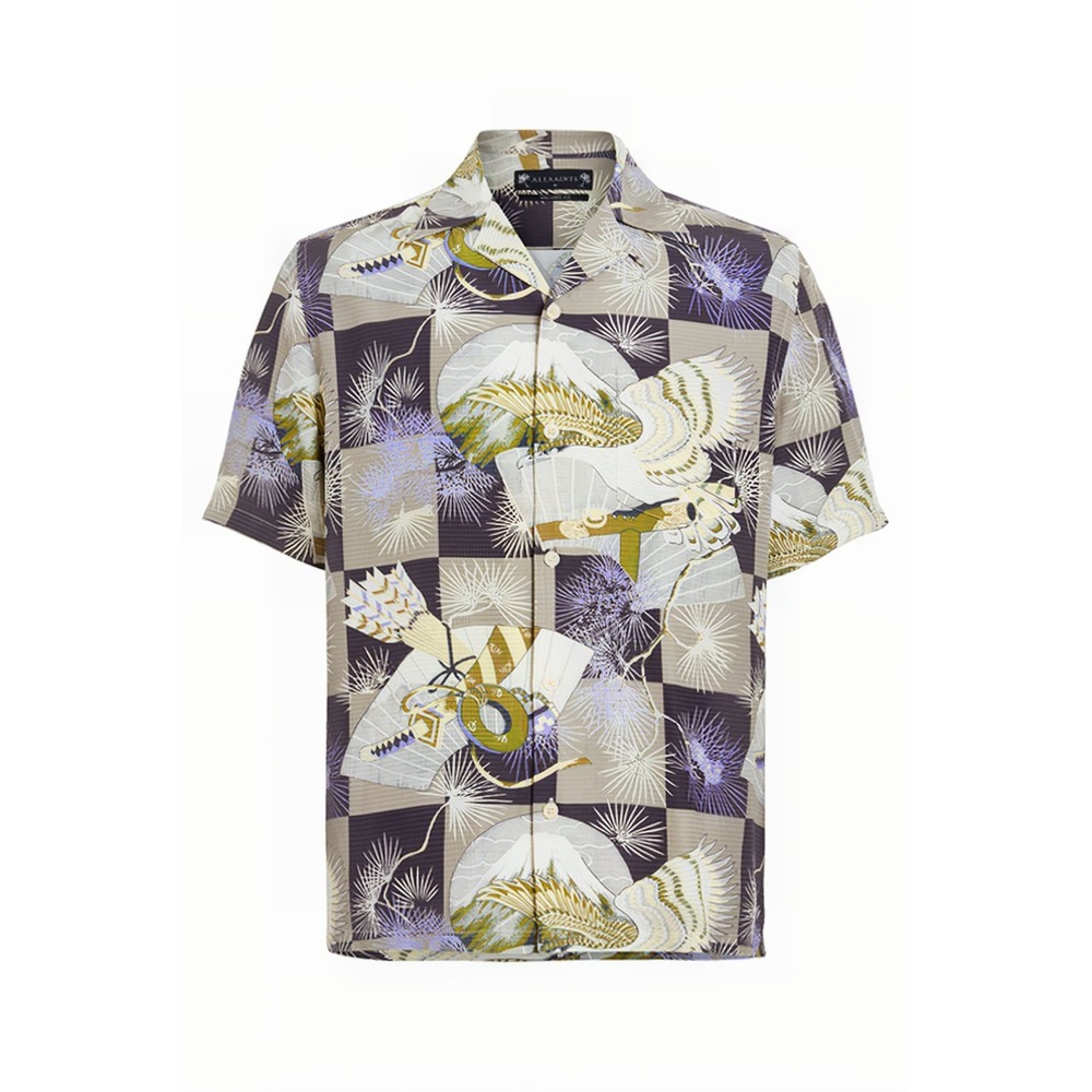 Allsaints Hawaiian Shirt Mens XXL Gray Bird Oriental Sebastian Viscose Camp
